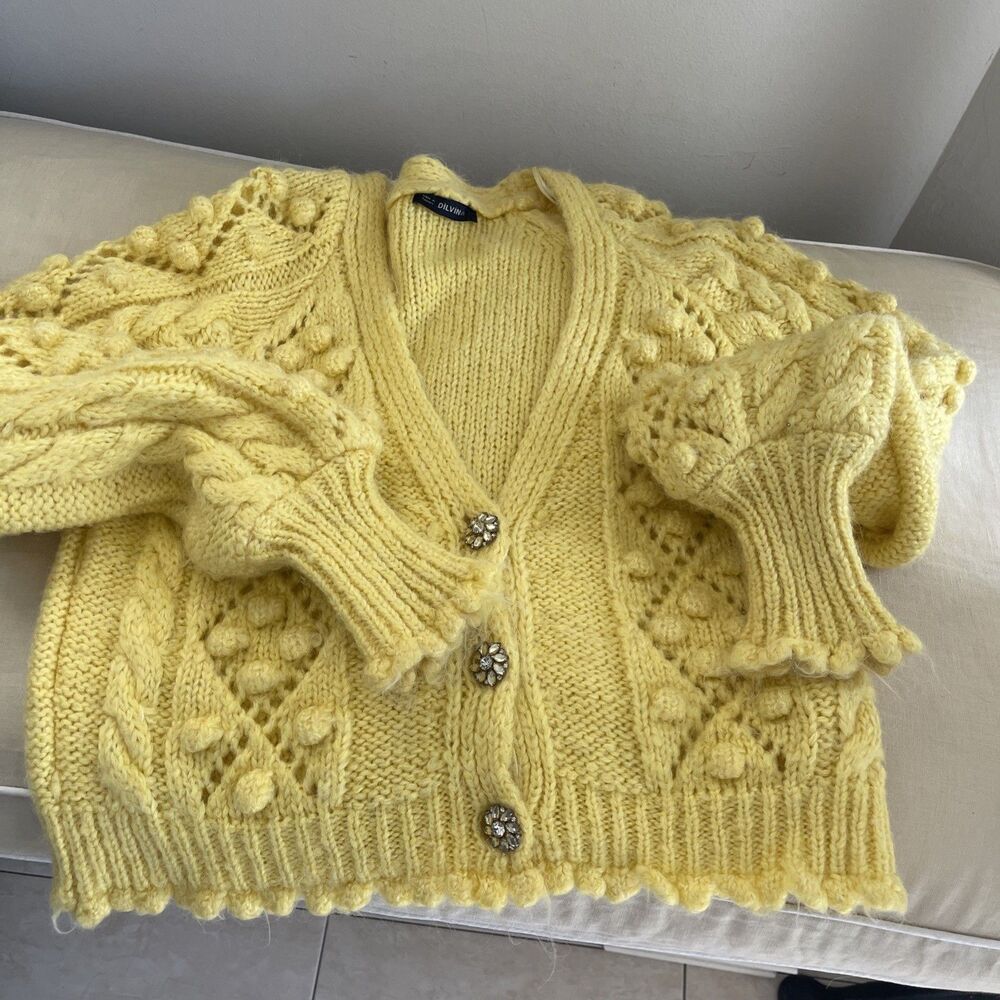 Dilvin Knit Bobble Yellow Cable Knit Jewel Buttons Scalloped Hem Cardigan M - Picture 15 of 15